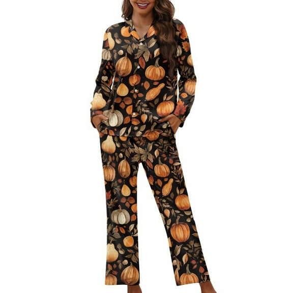 DISNIMO Pumpkin Print Womens Pajama Set Button Down 2 Piece Pj Lounge Sets Long Sleeve V Neck Sleepwear with Long Pants Thanksgiving Day Oversized Loungewear Nightwear, XS