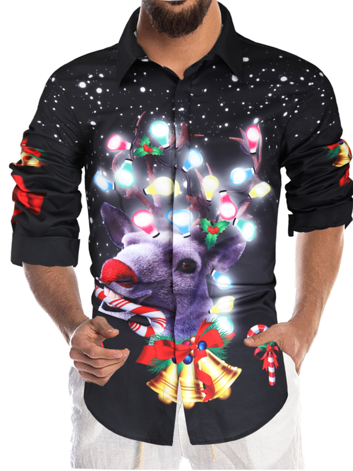 uideazone Mens Christmas Santa Claus Long Sleeve Shirt Xmas Party Holiday Button Down Dress Shirts 