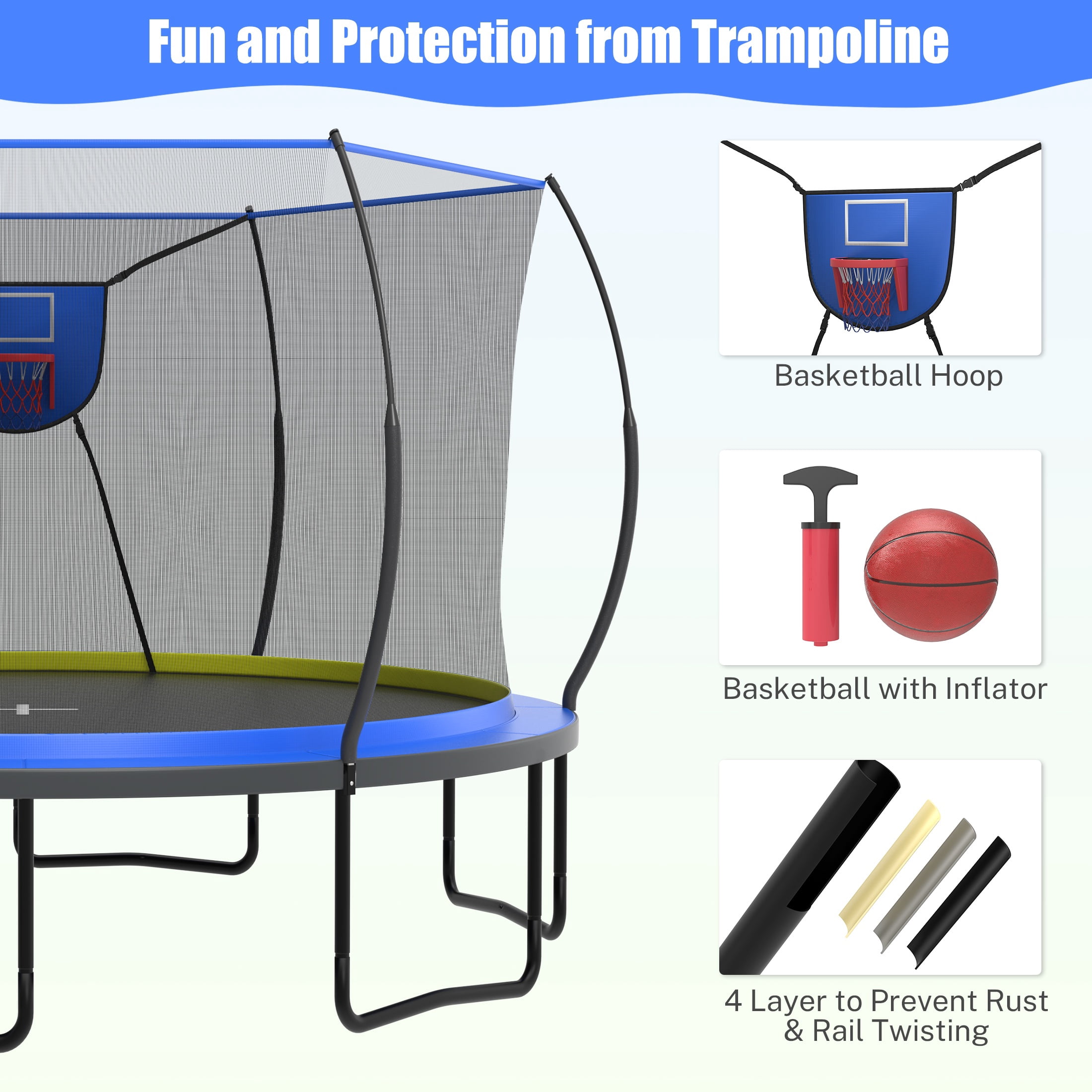 14 Ft Trampoline for Kids and Adults, Outdoor Trampoline with Fiberglass Rods and Smart Zipper System Zero Gaps, Segmart Recreational Trampoline with Enclosure Net, 880LBS Heavy Duty Trampoline
