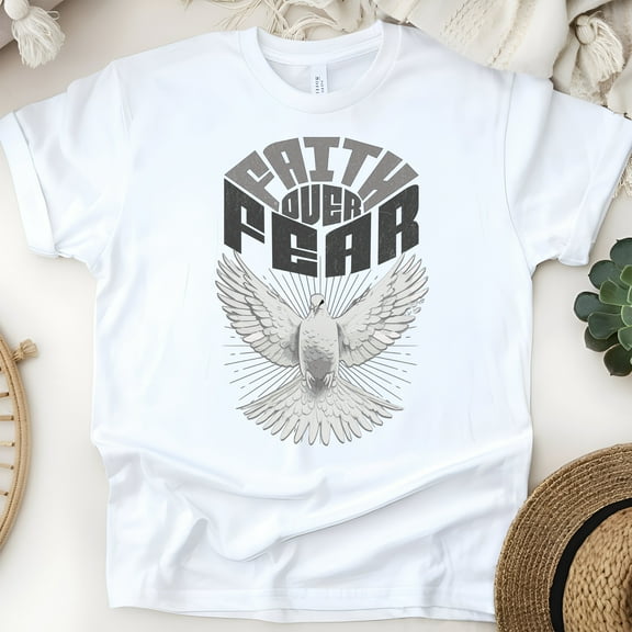 Faith Over Fear T-Shirt, Dove Christian Bold Graphic Tee, White, Size S