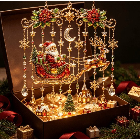 Gingerbread House Christmas Hanging Suncatcher, Stained Glass Style Window Hanging Ornament with Crystal Bell for Holiday Home Decor