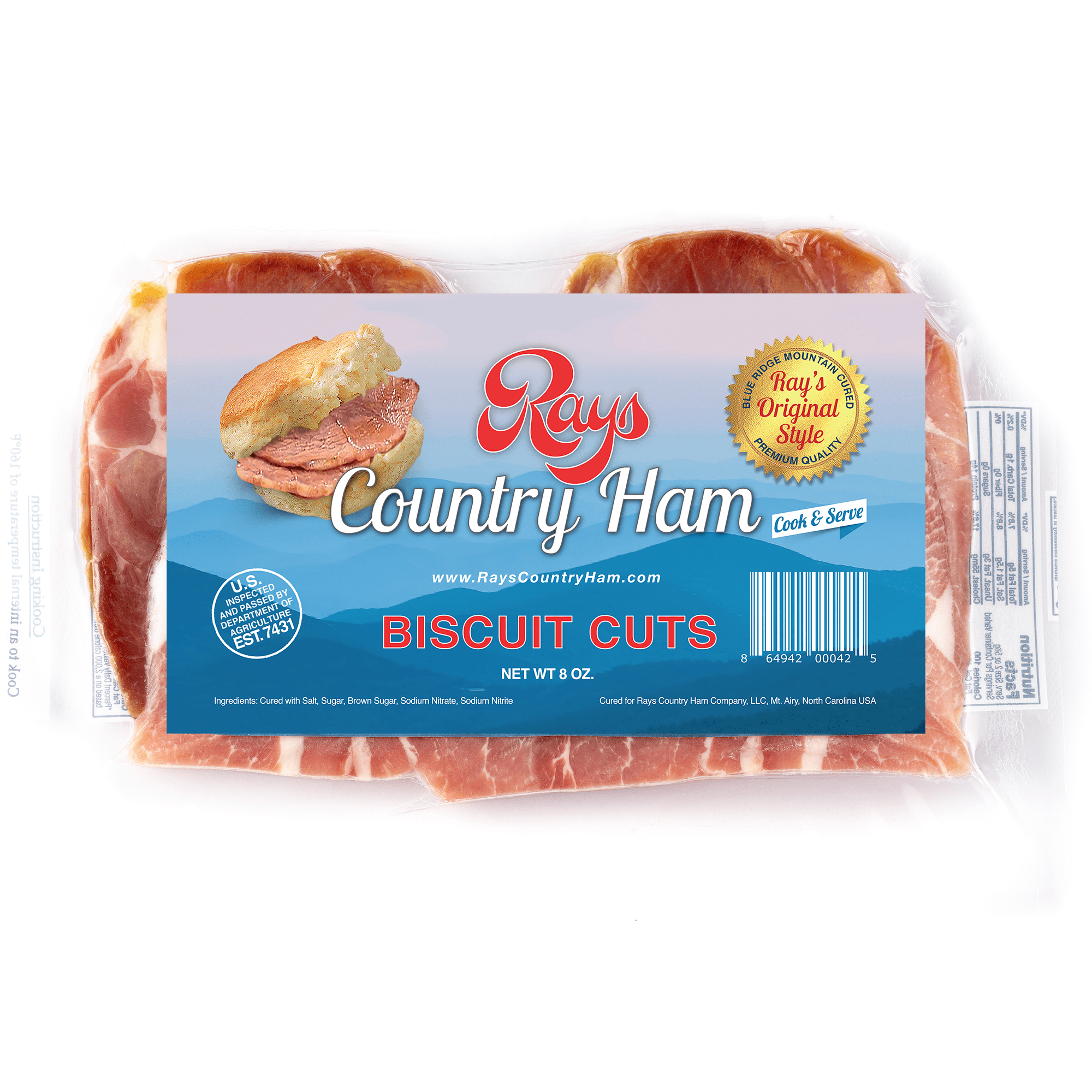 Rays Country Ham 1.5 lb Biscuit Cuts, Dry-Cured Sliced Ham, 3 Pack (8 oz Each), Vacuum-Sealed
