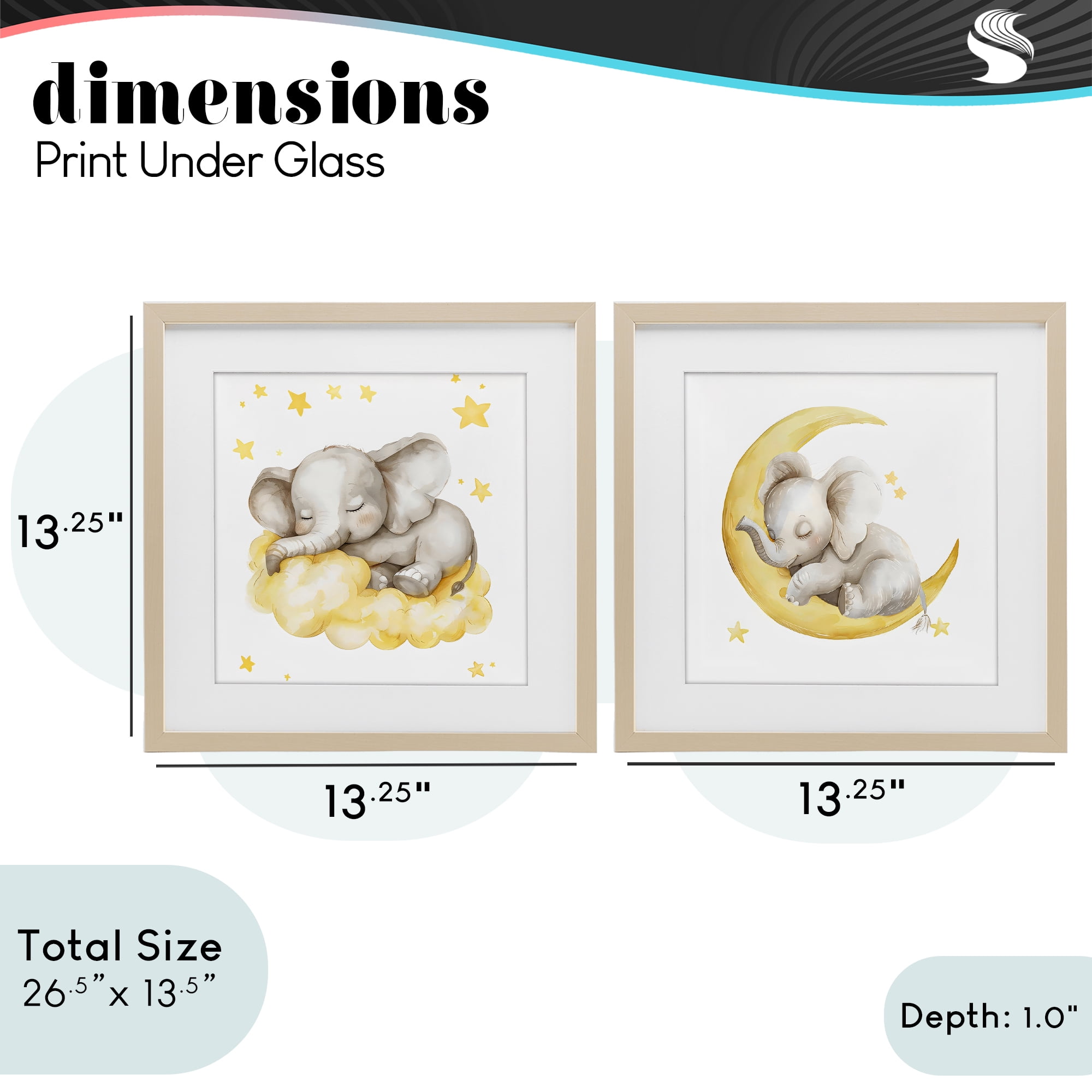 Stupell Industries Sleeping Elephant Moon and Clouds 2 Piece Birch Framed Print Under Glass Set, design by LSR Design Studio