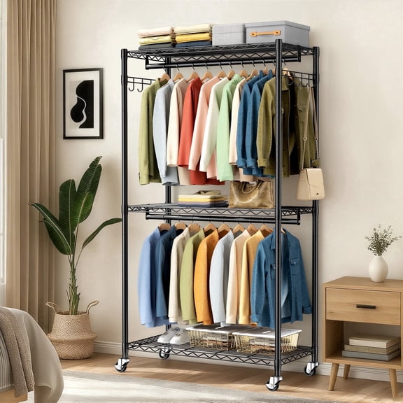 UNTIMATYI Rolling Double Rods 3-Shelf Clothes Rack with Wheels and Side Hooks Heavy Duty Garment Rack Closet Organizer for Small Spaces