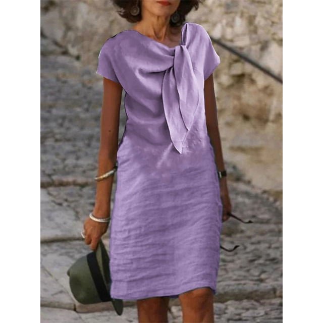 Robe Vintage en Coton et Lin Vêtements pour Femmes Été Décontractée à Lacets Col Rond Chic Tuniques Mode Midi Bleu Blanc Robes Vestidos