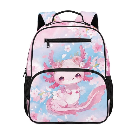 Garronmavis Cherry Blossom Axolotl School Backpack for Girls 3-5 Lightweight 13.5 Inch Boys Kids Backpack with Adjustable Shoulder Straps and Side Pockets for Preschool Casual Time Toddlers