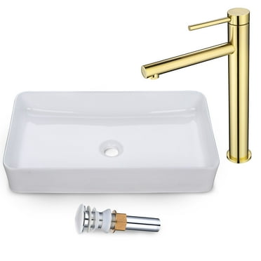 Aquaterior Bathroom Vessel Sink Faucet Set Ceramic Bathroom Countertop Vessel Sink & One Hole Vanity Mixer Bar Faucet w/Pop Up Drain  (CUPC NSF CEC)