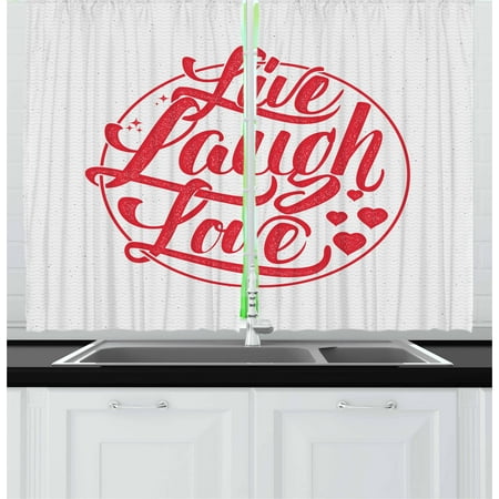 Fashion Design For Living Live Laugh Love Curtains 2 Panels Set, Retro Style Calligraphy Old Fashioned Stamp Design Red Hearts and Stars, Window Drapes for Living Room Bedroom, 55W X 39L Inches, Coconut Red, by Ambesonne ()