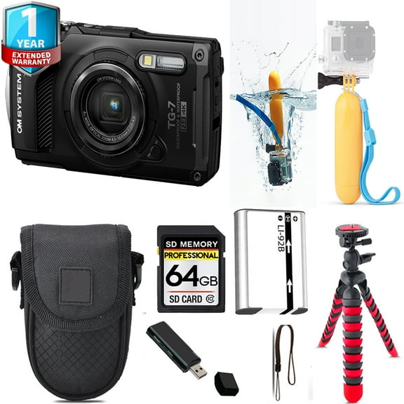 Olympus OM SYSTEM Tough TG-7 Digital Camera (Black)   Floating Hand Grip    Tripod   1 Yr Warranty - 64GB Kit