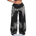 thumbnail image 2 of Y2K Tie Baggy Jeans for Women - Wide Straight Leg Denim Pants with Mid Rise Casual Boyfriend Fit Black L, 2 of 7