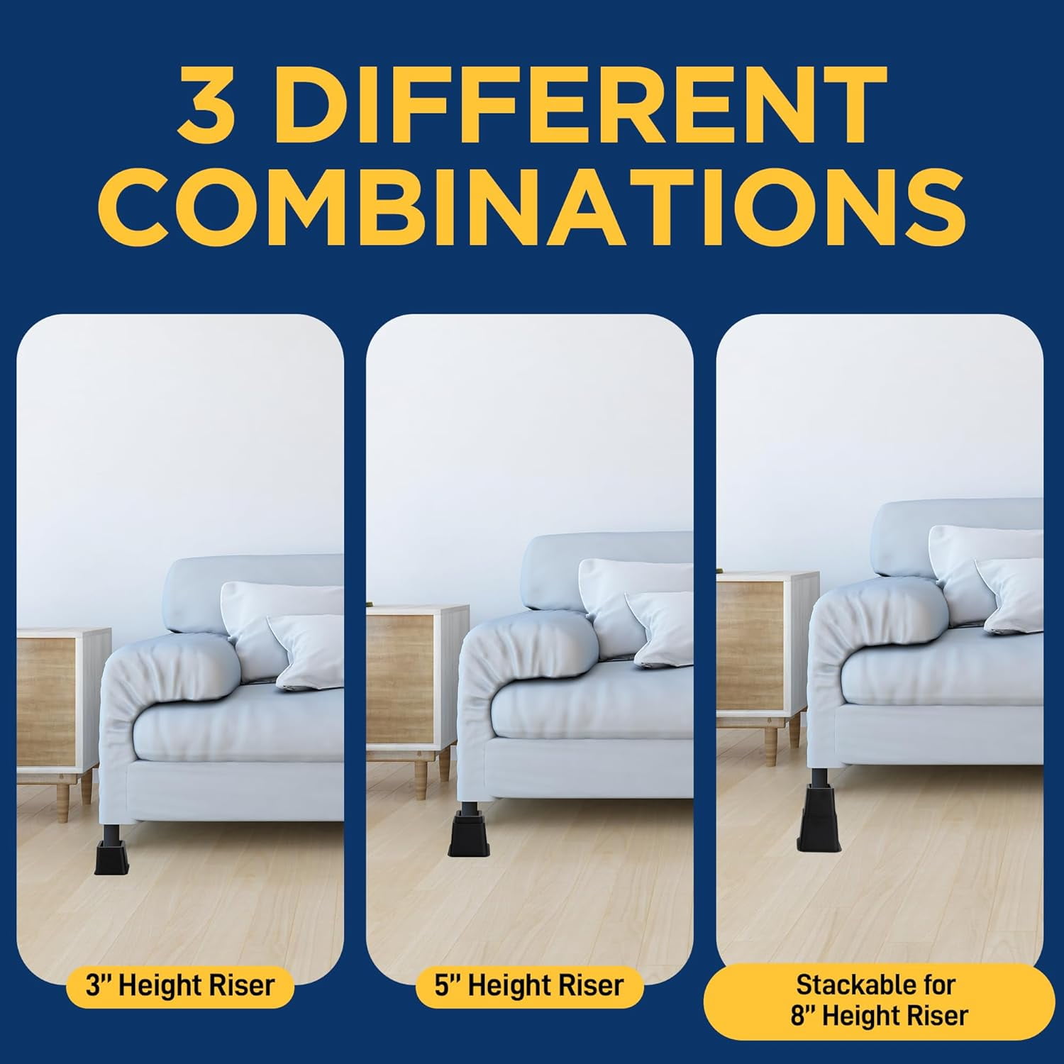 LifeMaster 8pcs Adjustable Bed Risers - 3" + 5" Heights, Heavy Duty Furniture Risers for Sofa, Couch, Under Bed Storage (Black), Total 1300lbs Support
