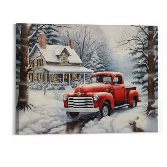 Creowell Christmas Canvas Wall Art Prints Red Truck Tree Picture Snowy Landscape Winter Scene for Holiday Decor, Nature Wall Art, Art 20x16 Inch