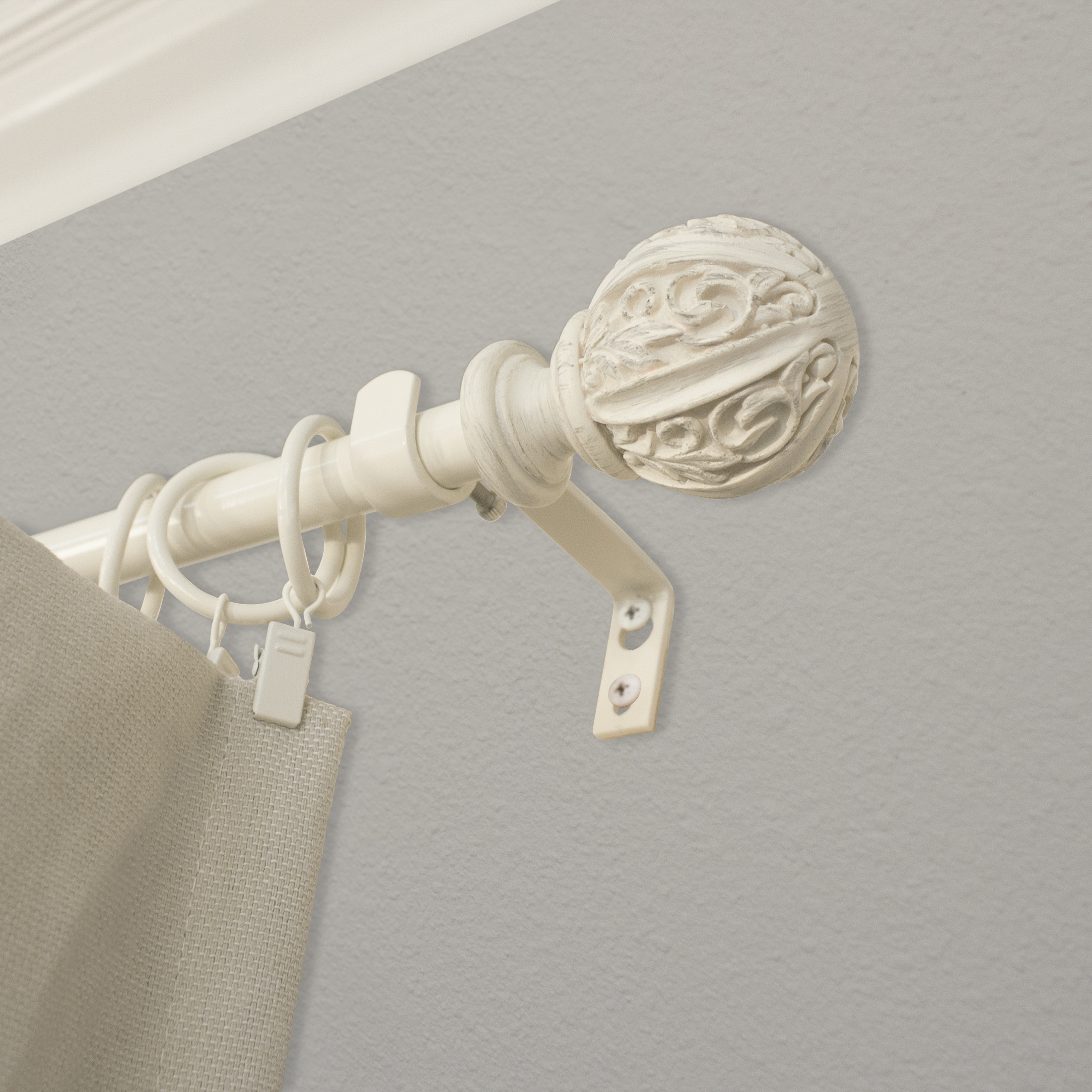 Montevilla 0.62" Distressed White Ball Adjustable Single Curtain Rod Set, 86"-120"