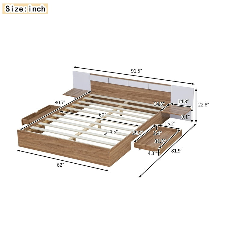 Bellemave Queen Platform Bed with Drawers and Shelves Vintage Queen Bed with USB Port and Headboard Wooden Bed Frame Mattress Foundation with Wooden Slats Support Nature Walmart