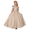 thumbnail image 3 of Jinhomg Girls One Shoulder Formal Maxi Dress Junior Bridesmaid Bow Shoulder Satin Dresses Flower Girl Wedding Guest Ball Gown 2-14 Years Brown, 3 of 7