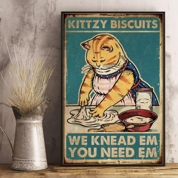 Kitty Biscuits We Knead Em You Need Em Vintage Kitty Retro Style Funny Kitty Satin Poster Wall Art Decor 11 x 17 Inch Poster