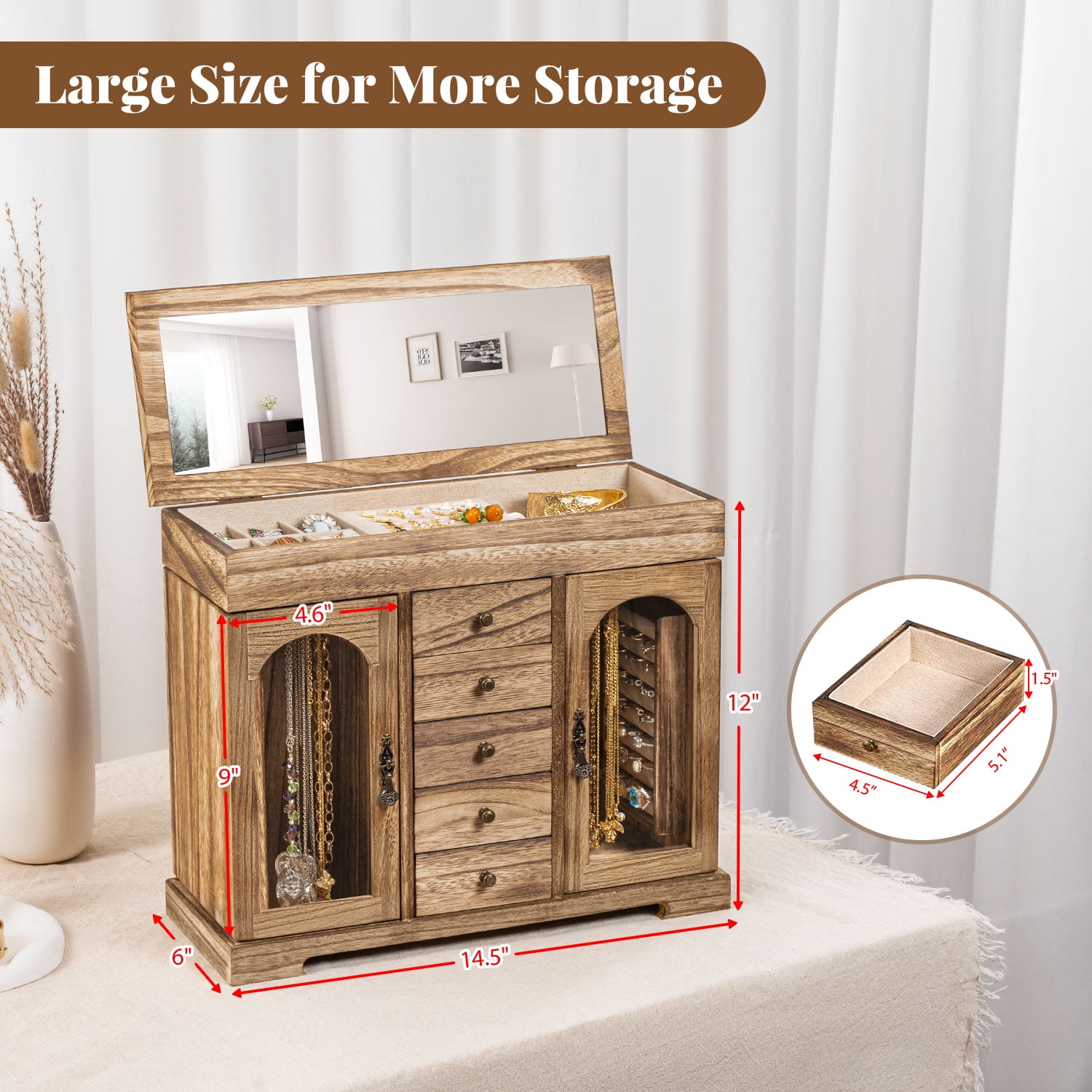 Sfugno Jewelry Box for Women Girls, Wooden Jewelry Organizer Box with Mirror, 5 Layer Jewelry Storage Case,Rustic Brown