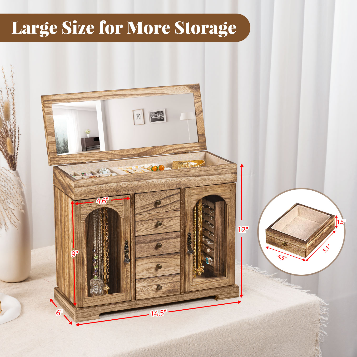 Sfugno Wooden Jewelry Organizer Box with Mirror photo 4