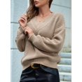 thumbnail image 5 of Female Long Sleeve V Neck Pullover Sweater Oversized Chunky Knitted Loose Jumper Sweaters Khaki S, 5 of 8
