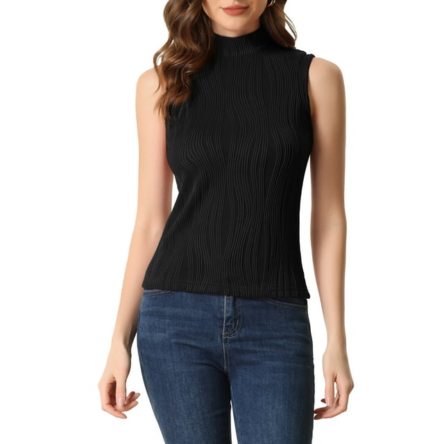 INSPIRE CHIC Mock Neck Tank Top for Women's Stand Collar Sleeveless Ribbed Knit Tops L Black