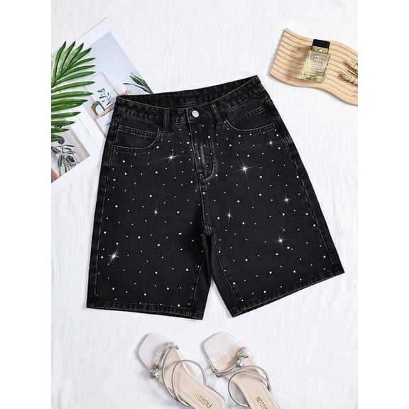 Women's High Waisted Rhinestone Embellished Bermuda Shorts - Sparkly Long Denim Shorts with Pockets