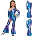 thumbnail image 5 of TiaoBug Girls Metallic One Shoulder Flared Jumpsuit 70s Disco Dance Outfit Kids Pageant Party Formal Romper Blue 10, 5 of 7