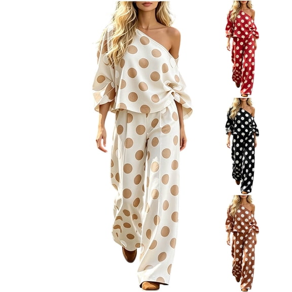 Women’s 2 Piece Summer Outfit Set off Shoulder Short Sleeve Top and Wide Leg Long Pants Lightweight Breathable Loose Fit Polka Dot Printed Set for Beach Vacation, Daily Wear White