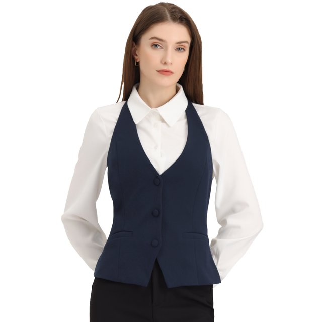 Chaleco de mujer con cuello halter, chaqueta sin mangas vintage con botones, chaleco de traje elegante Azul oscuro XS