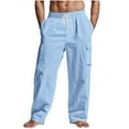 thumbnail image 2 of QIUOMBBP Vacation Pants for Men Summer Lightweight Breathable Linen Beach Pant Elastic Waist Drawstring Relaxed Fit Wide Leg Trousers Light Blue L, 2 of 9