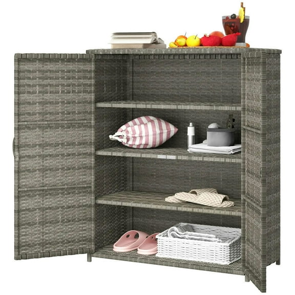 YYAo Rattan Wicker Outdoor Storage Cabinet with 4 Shelves and 2 Doors for Garden Pool Towel Storage, Mixed Gray