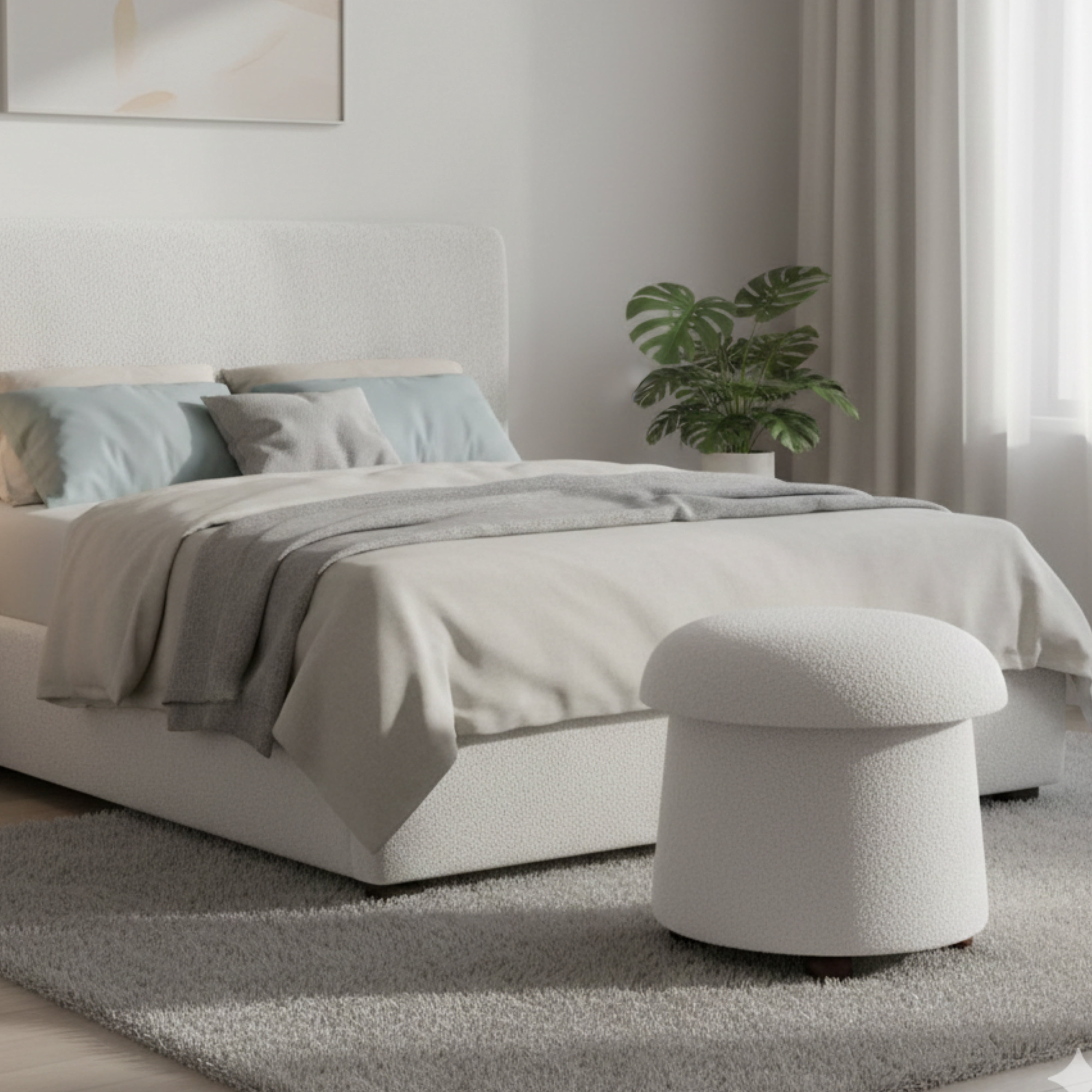 Aria Home Modern Fabric Mushroom Storage Ottoman Footrest Accent Seat Living Room, Cream