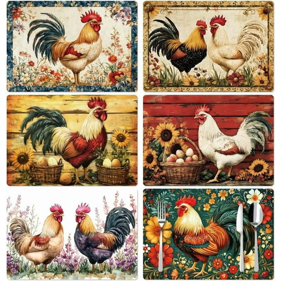 Placemats Set of 6 Vintage Rooster 12"x18" Waterproof Washable Table Place Mats for Indoor Outdoor Farmhouse Party Kitchen Dining Table Decoration diy