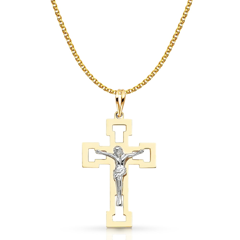 14K Yellow Gold Crucifix Pendant with 1.5mm Flat Open Wheat Chain Chain Necklace