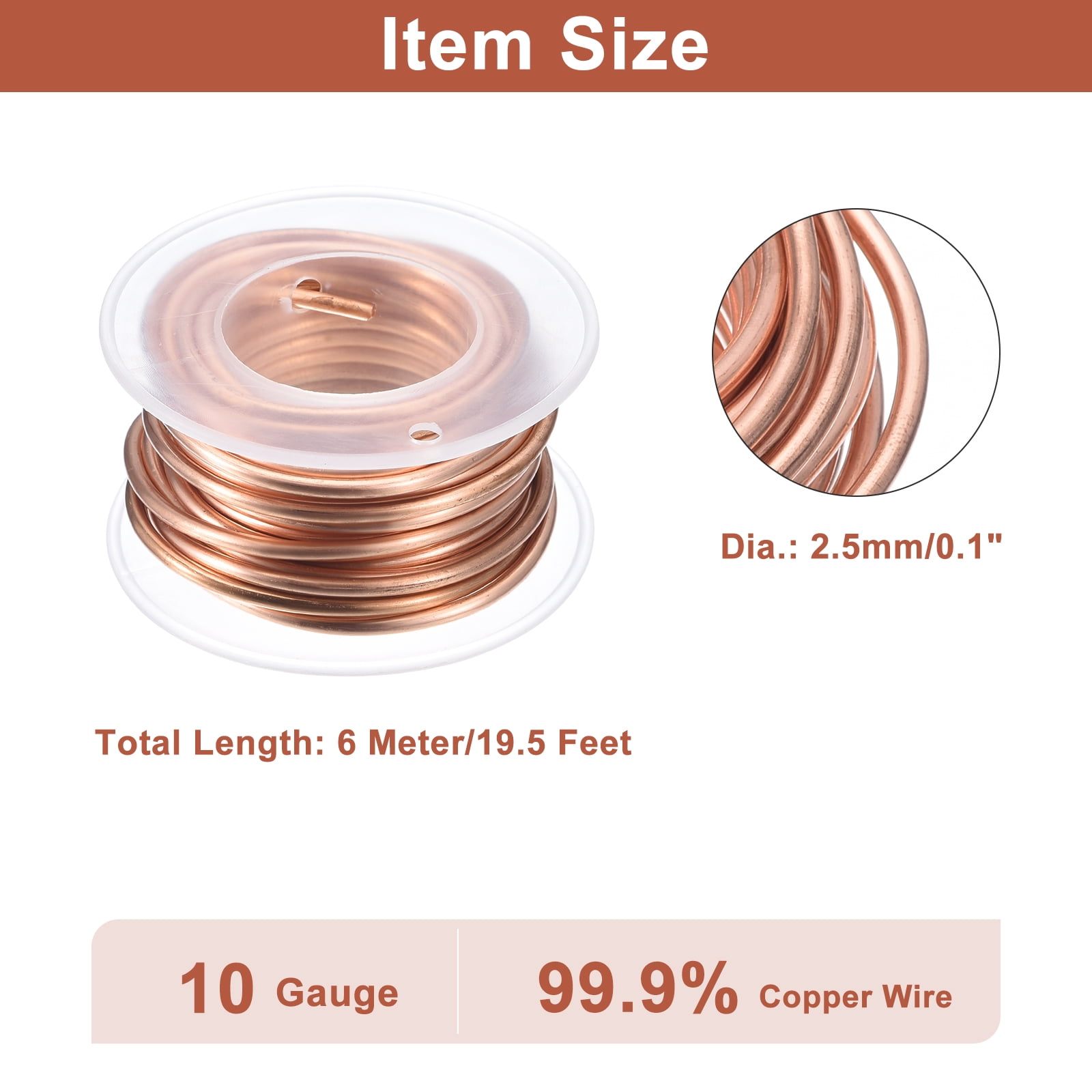 Uxcell Soft Copper Wire (10 Gauge, 19.5 FT), 99.9% Pure Bare Copper Wire for Crafts