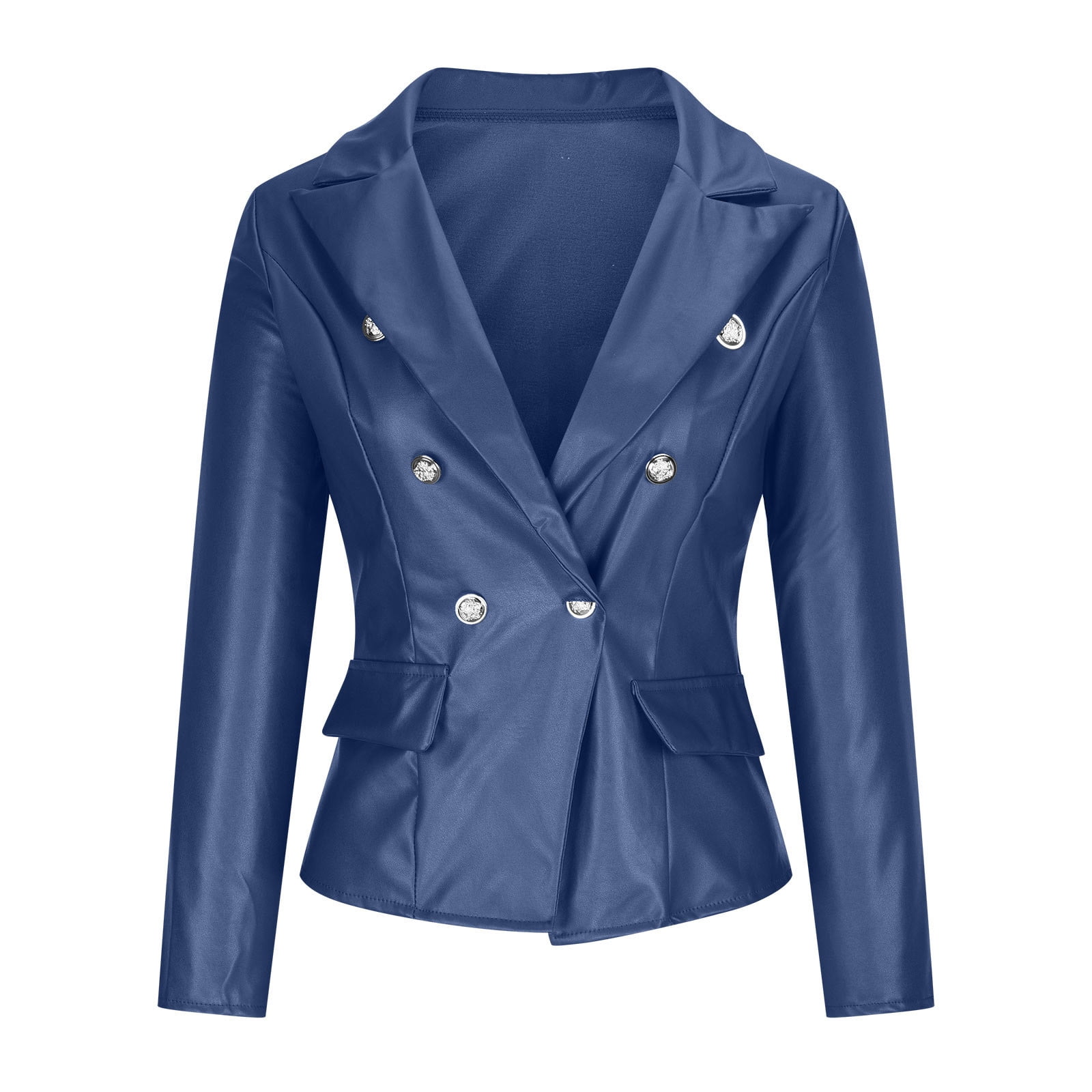 Brnmxoke Double Breasted Buttons Faux Leather Blazer Women Long Sleeve Coat Notch Collar Leather Jacket Women
