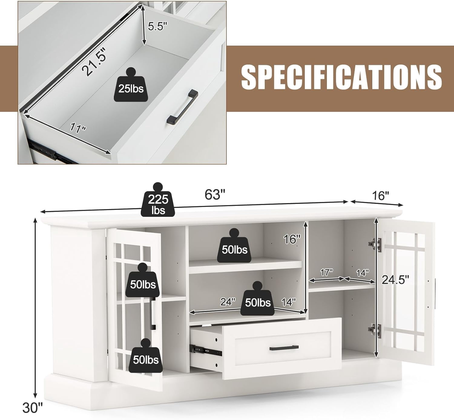 70" TV Stand, Farmhouse Wood TV Cabinet Entertainment Center, Glass Doors Cubbies and Drawer, White