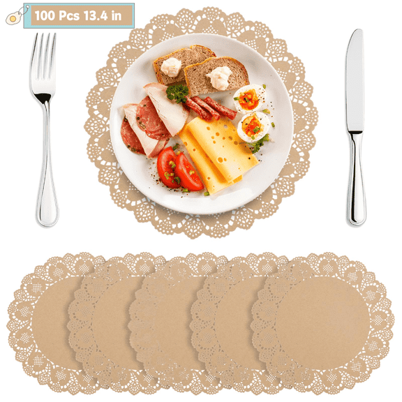 Fkszll 100 Pcs Paper Doilies 13.4 inch Doilies for Food Disposable Lace Paper Doilies for Tables Round Paper Placemats Bulk for Cakes Desserts Crafts (Brown)