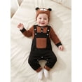 thumbnail image 4 of 3Pcs Infant Boy Outfit Crew Neck Long Sleeve Contrast Color Romper Suspender Pants and Dog Face Print Hat Set, 4 of 7