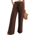 thumbnail image 2 of Nhthy Women's Solid Summer Drawstring Waist Cargo Pants Wide Leg Casual Loose Fit Trousers Brown XXL, 2 of 6