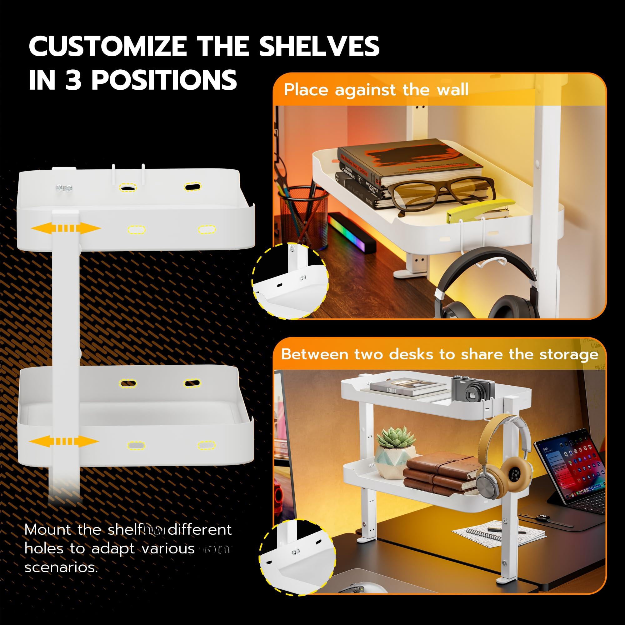 2-tier Clamp On Desk Shelf  16 Inch Adjustable Above Or Under Storage Shelves Holds 66 Lbs Heavy Duty Desktop Organizer With Headphone Holder For Working And Gaming Accessories White