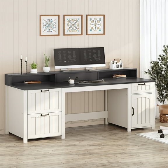Executive Desk, 63" Farmhouse Desk with Storage, Home Office Desk with Drawers and Cabinet, Wood Desk with Monitor Stand, Rustic Writing Desk Study Table Elegant Computer Desk with File Drawer, White