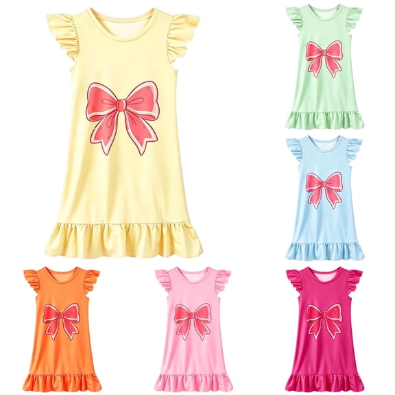Gunia Toddler Girls Nightgown Princess Pajamas Playful Nightdress Cute Bow Print Flutter Sleeves Cozy Cute Night Gowns Pjs Loungewear Light Yellow 3-4 Years