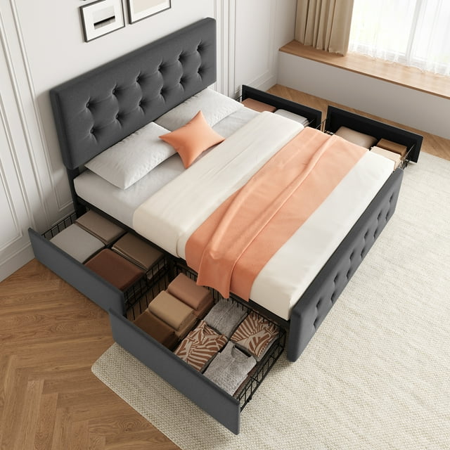 Queen Size Bed Frame with 4 Storage Drawers, Linen Upholstered Platform Bed Frame with Wooden Slats Support, Button Tufted Design, Dark Grey