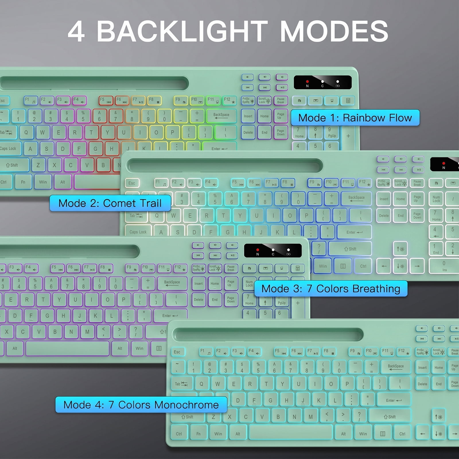 Wireless Keyboard with 7 Color RGB Backlit, Marvo Computer Keyboard with Phone Tablet Holder, Rechargeable 2.4G Wireless Gaming Keyboard with Light Up Keys, Compatible with Mac,Window, Green