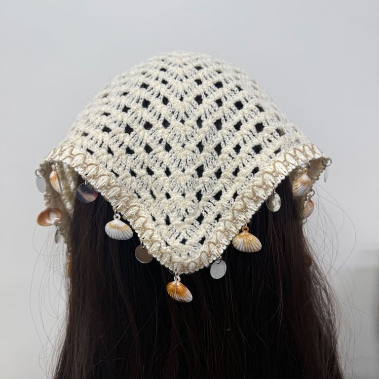 Boho Crochet Head Scarf with Seashell Charms Bohemian Crochet Headscarf with Shell Charms - Brown - Small  main image 2