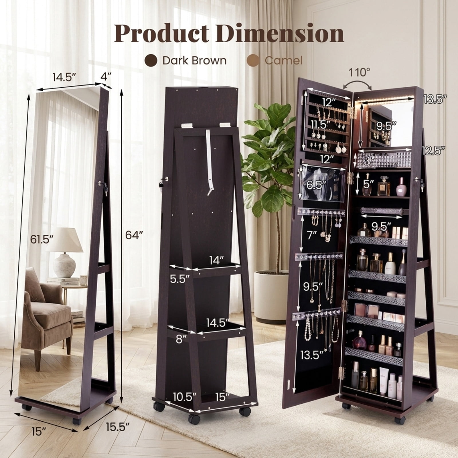 Furnibear 64 Inch Lockable Jewelry Armoire with Full Length Mirror and Makeup Mirror Purple