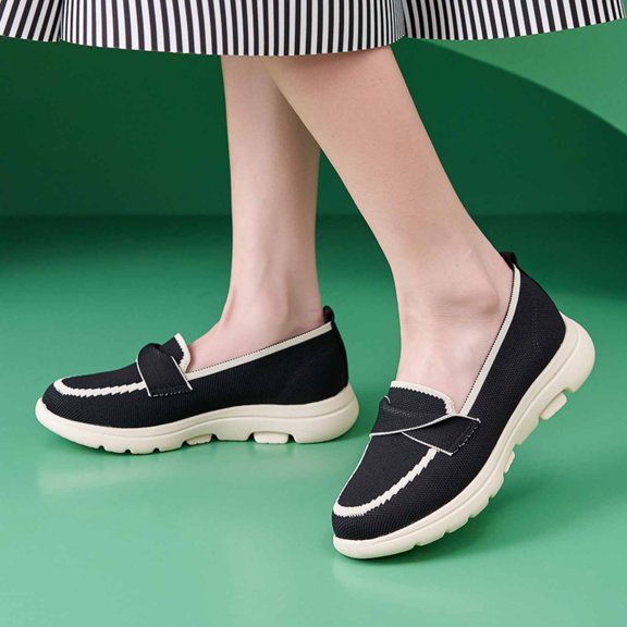 Women's Knitted Mesh Lightweight Walking Sneakers Casual Lightweight Arch Support Slip On Orthotic Soft Sole Shoes Breathable Non Slip Work Shoes