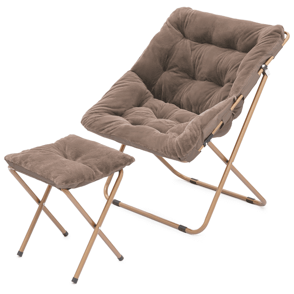 WoofPaw Oversized Folding Chair with Ottoman, Faux Fur Fluffy Accent Chair, Comfy Circle Lounge Chair for Reading, Living Room, Bedroom & Dorm (Adults),Light Brown