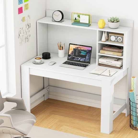 BarefHaven 48“ Computer Desk with Hutch, Home Office Writing Study Desk with Storage Shelves, Cable Management Hole, Laptop Desk, Desk for Bedroom, Computer Workstation (White)