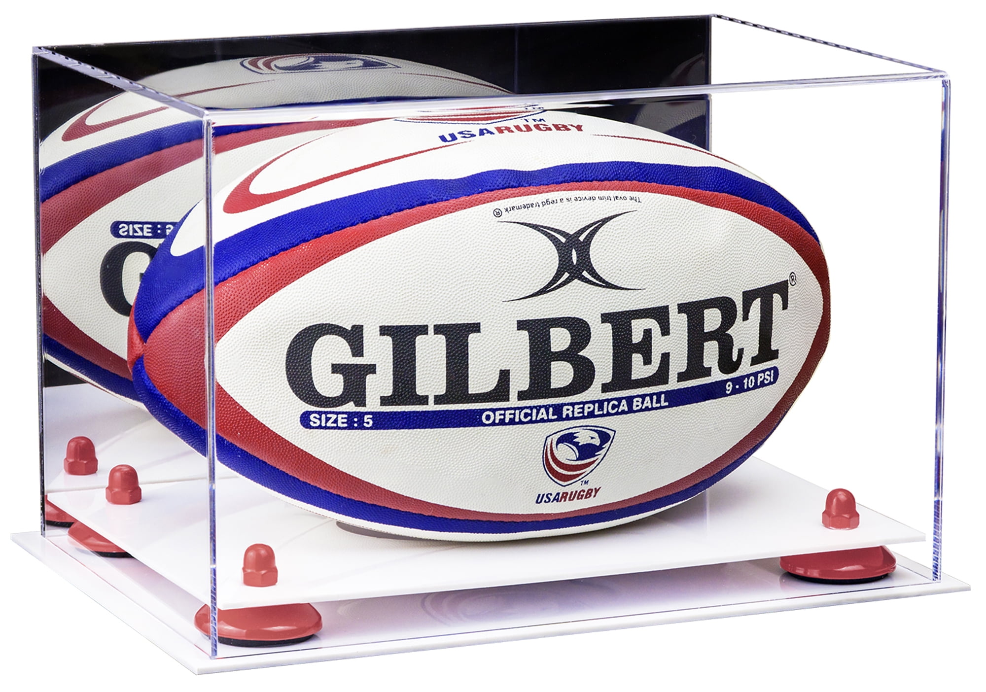 Clear Acrylic Rugby Ball Display Case with Pink Risers and White Base